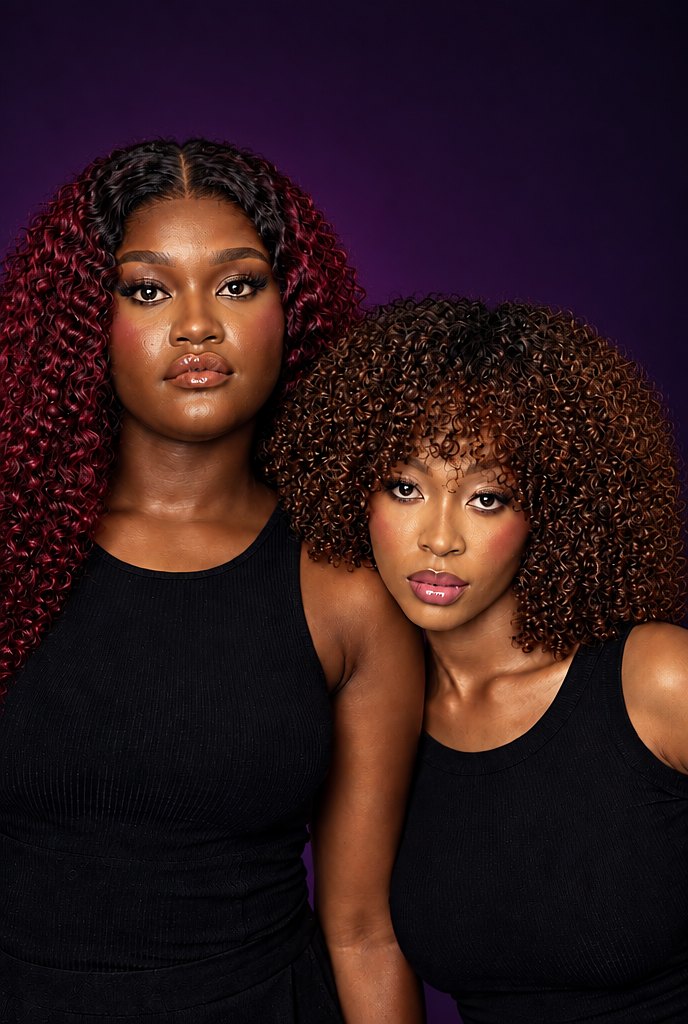 Two women in Dash Hair curls, one in long burgundy curls, one in a full chestnut curly fro